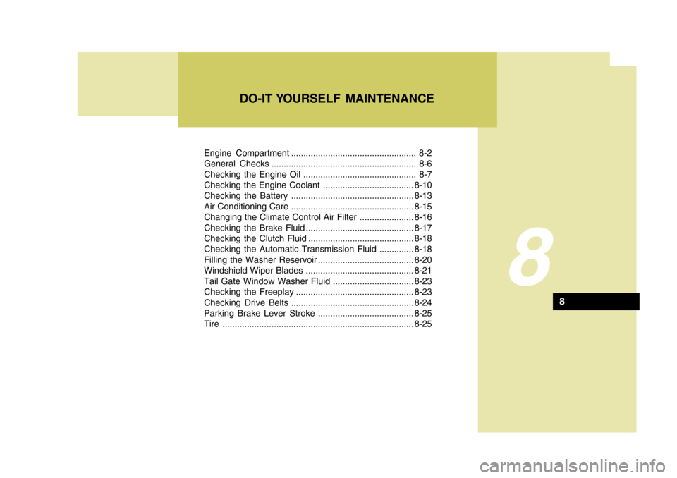 Hyundai H-1 (Grand Starex) 2007  Owners Manual Engine Compartment ................................................... 8-2 
General Checks ........................................................... 8-6
Checking the Engine Oil .....................