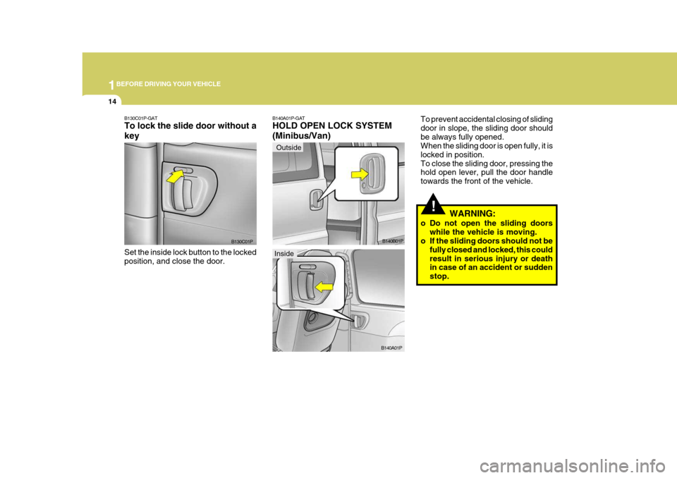 Hyundai H-1 (Grand Starex) 2007  Owners Manual 1BEFORE DRIVING YOUR VEHICLE
14
Outside
!
B130C01P-GAT To lock the slide door without a key Set the inside lock button to the locked position, and close the door. B130C01PB140A01P-GAT HOLD OPEN LOCK S