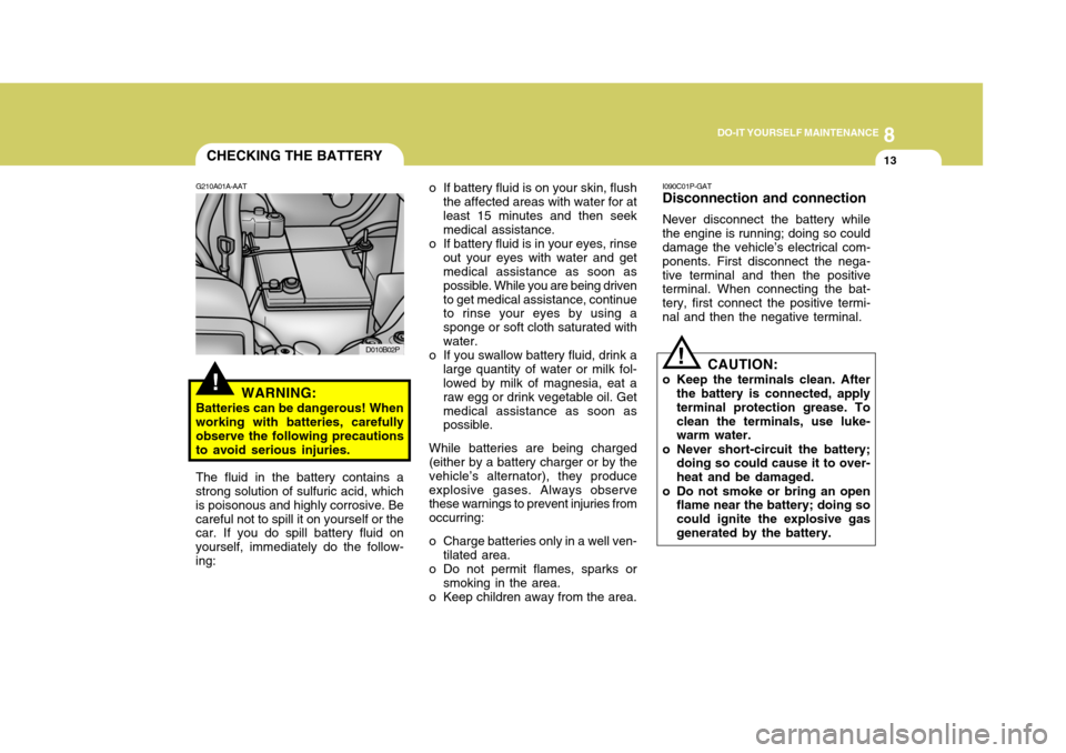 Hyundai H-1 (Grand Starex) 2007 Owners Guide 8
DO-IT YOURSELF MAINTENANCE
13
D010B02P
CHECKING THE BATTERY
!
G210A01A-AAT
WARNING:
Batteries can be dangerous! When working with batteries, carefully observe the following precautionsto avoid serio