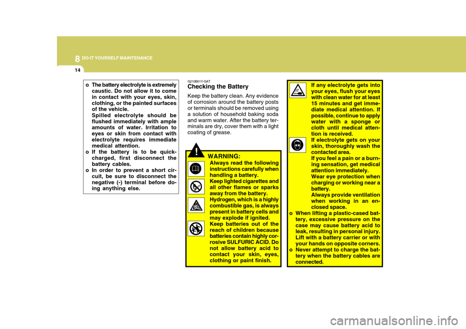 Hyundai H-1 (Grand Starex) 2007  Owners Manual 8DO-IT YOURSELF MAINTENANCE
14
o The battery electrolyte is extremelycaustic. Do not allow it to come in contact with your eyes, skin,clothing, or the painted surfaces of the vehicle. Spilled electrol