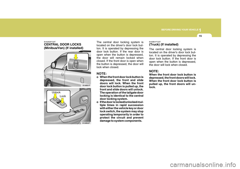 Hyundai H-1 (Grand Starex) 2007 Owners Guide 1
BEFORE DRIVING YOUR VEHICLE
15
B150B01P-GAT (Truck) (If installed) The central door locking system is located on the drivers door lock but-ton. It is operated by depressing the door lock button. If