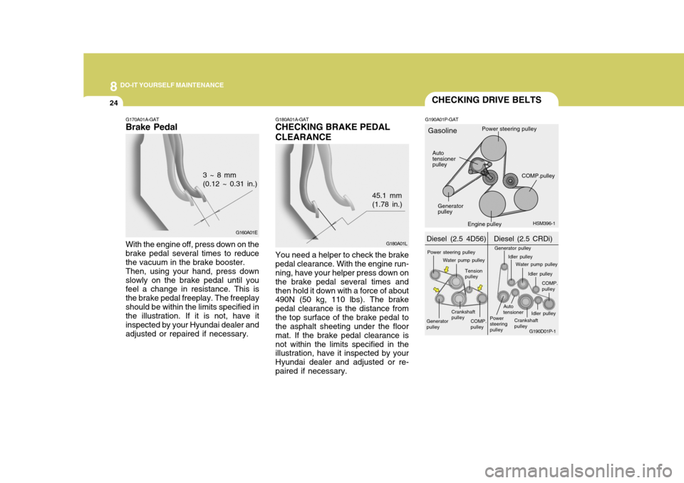 Hyundai H-1 (Grand Starex) 2007  Owners Manual 8DO-IT YOURSELF MAINTENANCE
24CHECKING DRIVE BELTS
G180A01A-GAT CHECKING BRAKE PEDAL CLEARANCE
G180A01L
45.1 mm (1.78 in.)
You need a helper to check the brake pedal clearance. With the engine run- ni