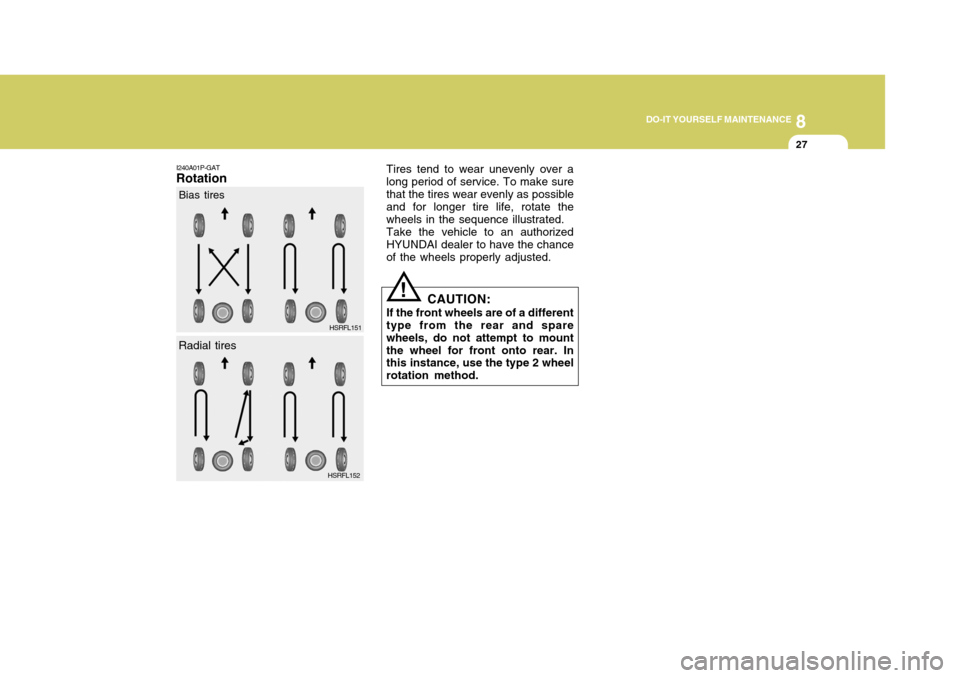 Hyundai H-1 (Grand Starex) 2007  Owners Manual 8
DO-IT YOURSELF MAINTENANCE
27
Tires tend to wear unevenly over a long period of service. To make surethat the tires wear evenly as possible and for longer tire life, rotate the wheels in the sequenc