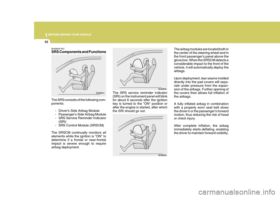 Hyundai H-1 (Grand Starex) 2007  Owners Manual 1BEFORE DRIVING YOUR VEHICLE
52
The airbag modules are located both in the center of the steering wheel and inthe front passengers panel above the glove box. When the SRSCM detects a considerable imp