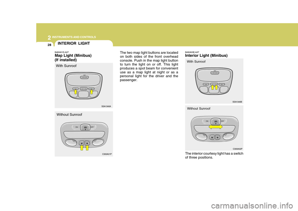 Hyundai H-1 (Grand Starex) 2007 Owners Manual 2 INSTRUMENTS AND CONTROLS
28INTERIOR LIGHT
B480A01E-AAT Map Light (Minibus) (If installed) The two map light buttons are located on both sides of the front overheadconsole. Push in the map light butt Hyundai H-1 (Grand Starex) 2007 Owners Manual 2 INSTRUMENTS AND CONTROLS
28INTERIOR LIGHT
B480A01E-AAT Map Light (Minibus) (If installed) The two map light buttons are located on both sides of the front overheadconsole. Push in the map light butt