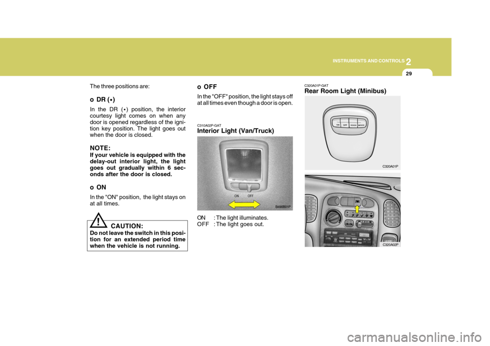 Hyundai H-1 (Grand Starex) 2007 Owners Manual 2
INSTRUMENTS AND CONTROLS
29
C320A01P-GAT Rear Room Light (Minibus)
C320A01P
C320A02P
The three positions are:
o DR (
·)
In the DR ( ·) position, the interior
courtesy light comes on when any door Hyundai H-1 (Grand Starex) 2007 Owners Manual 2
INSTRUMENTS AND CONTROLS
29
C320A01P-GAT Rear Room Light (Minibus)
C320A01P
C320A02P
The three positions are:
o DR (
·)
In the DR ( ·) position, the interior
courtesy light comes on when any door