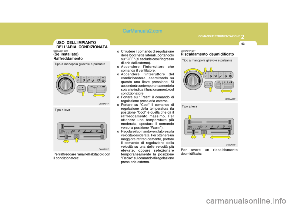 Hyundai H-1 (Grand Starex) 2007  Manuale del proprietario (in Italian) 2
COMANDI E STRUMENTAZIONE
43USO DELLIMPIANTO DELLARIA CONDIZIONATA
C680A02P-GTT (Se installato) Raffreddamento o Chiudere il comando di regolazione
delle bocchette laterali, portandolo su "OFF" (si