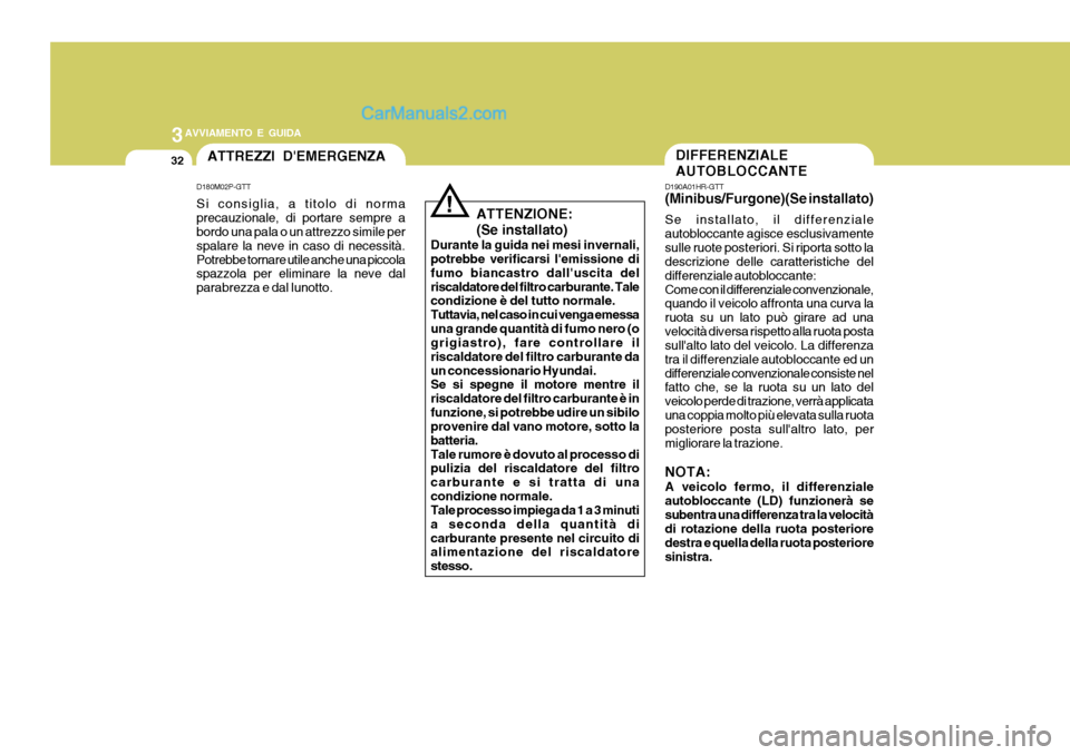 Hyundai H-1 (Grand Starex) 2007 Manuale del proprietario (in Italian) 3AVVIAMENTO E GUIDA
32DIFFERENZIALE AUTOBLOCCANTEATTREZZI DEMERGENZA
D180M02P-GTT Si consiglia, a titolo di norma precauzionale, di portare sempre a bordo una pala o un attrezzo simile per spalare la Hyundai H-1 (Grand Starex) 2007 Manuale del proprietario (in Italian) 3AVVIAMENTO E GUIDA
32DIFFERENZIALE AUTOBLOCCANTEATTREZZI DEMERGENZA
D180M02P-GTT Si consiglia, a titolo di norma precauzionale, di portare sempre a bordo una pala o un attrezzo simile per spalare la