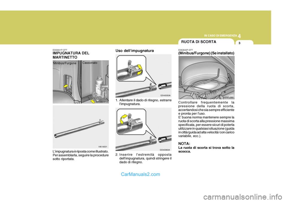 Hyundai H-1 (Grand Starex) 2007 Manuale del proprietario (in Italian) 4
CORROSION PREVENTION AND APPEARANCE CARE
3
4
IN CASO DI EMERGENZA
3
E030A01P-GTT IMPUGNATURA DEL MARTINETTO
1. Allentare il dado di ritegno, estrarrelimpugnatura.
Limpugnatura è riposta come illu Hyundai H-1 (Grand Starex) 2007 Manuale del proprietario (in Italian) 4
CORROSION PREVENTION AND APPEARANCE CARE
3
4
IN CASO DI EMERGENZA
3
E030A01P-GTT IMPUGNATURA DEL MARTINETTO
1. Allentare il dado di ritegno, estrarrelimpugnatura.
Limpugnatura è riposta come illu