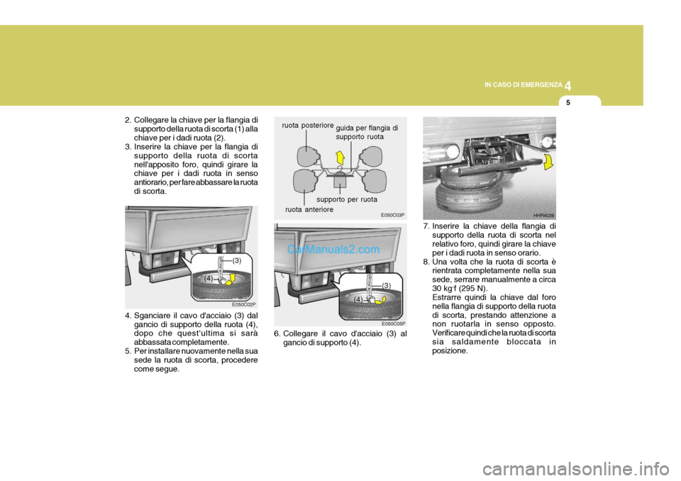 Hyundai H-1 (Grand Starex) 2007 Manuale del proprietario (in Italian) 4
CORROSION PREVENTION AND APPEARANCE CARE
5
4
IN CASO DI EMERGENZA
5
2. Collegare la chiave per la flangia di
supporto della ruota di scorta (1) alla chiave per i dadi ruota (2).
3. Inserire la chiav Hyundai H-1 (Grand Starex) 2007 Manuale del proprietario (in Italian) 4
CORROSION PREVENTION AND APPEARANCE CARE
5
4
IN CASO DI EMERGENZA
5
2. Collegare la chiave per la flangia di
supporto della ruota di scorta (1) alla chiave per i dadi ruota (2).
3. Inserire la chiav