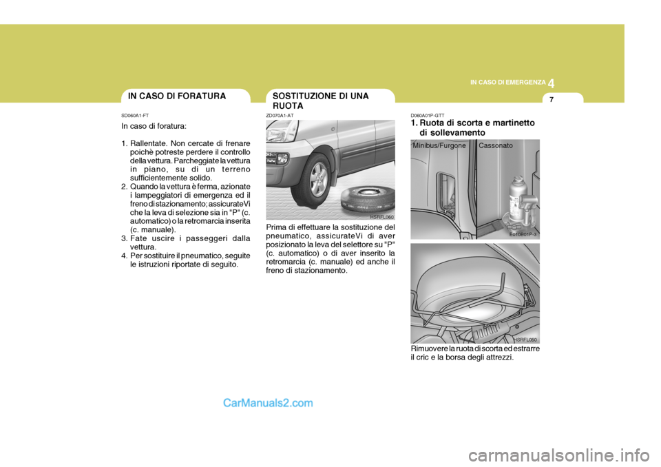 Hyundai H-1 (Grand Starex) 2007 Manuale del proprietario (in Italian) 4
CORROSION PREVENTION AND APPEARANCE CARE
7
4
IN CASO DI EMERGENZA
7IN CASO DI FORATURA
SD060A1-FT In caso di foratura:
1. Rallentate. Non cercate di frenare poichè potreste perdere il controllo de Hyundai H-1 (Grand Starex) 2007 Manuale del proprietario (in Italian) 4
CORROSION PREVENTION AND APPEARANCE CARE
7
4
IN CASO DI EMERGENZA
7IN CASO DI FORATURA
SD060A1-FT In caso di foratura:
1. Rallentate. Non cercate di frenare poichè potreste perdere il controllo de
