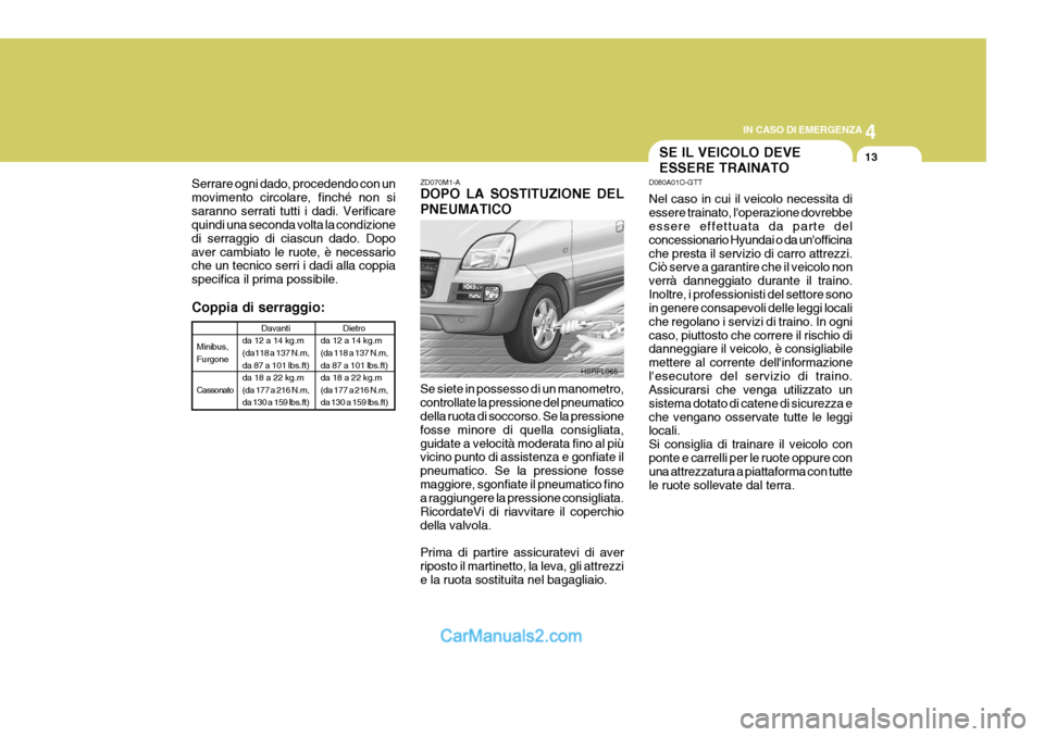 Hyundai H-1 (Grand Starex) 2007 Manuale del proprietario (in Italian) 4
CORROSION PREVENTION AND APPEARANCE CARE
13
4
IN CASO DI EMERGENZA
13
Minibus, Furgone Cassonato Davanti
da 12 a 14 kg.m (da118 a 137 N.m, da 87 a 101 lbs.ft) da 18 a 22 kg.m(da 177 a 216 N.m,da 130 Hyundai H-1 (Grand Starex) 2007 Manuale del proprietario (in Italian) 4
CORROSION PREVENTION AND APPEARANCE CARE
13
4
IN CASO DI EMERGENZA
13
Minibus, Furgone Cassonato Davanti
da 12 a 14 kg.m (da118 a 137 N.m, da 87 a 101 lbs.ft) da 18 a 22 kg.m(da 177 a 216 N.m,da 130