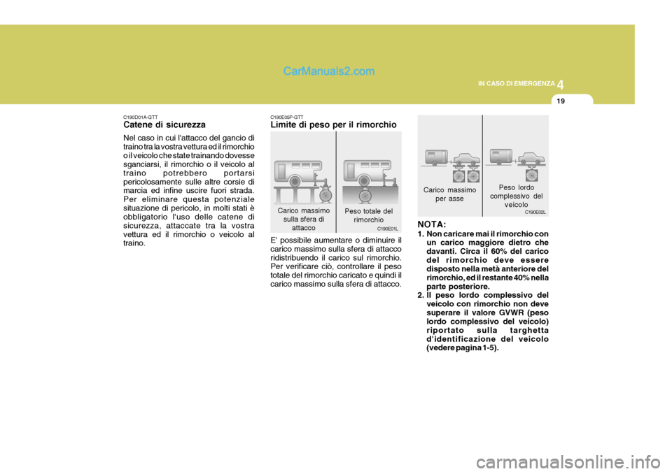 Hyundai H-1 (Grand Starex) 2007 Manuale del proprietario (in Italian) 4
CORROSION PREVENTION AND APPEARANCE CARE
19
4
IN CASO DI EMERGENZA
19
C190D01A-GTT Catene di sicurezza Nel caso in cui lattacco del gancio di traino tra la vostra vettura ed il rimorchioo il veicol Hyundai H-1 (Grand Starex) 2007 Manuale del proprietario (in Italian) 4
CORROSION PREVENTION AND APPEARANCE CARE
19
4
IN CASO DI EMERGENZA
19
C190D01A-GTT Catene di sicurezza Nel caso in cui lattacco del gancio di traino tra la vostra vettura ed il rimorchioo il veicol