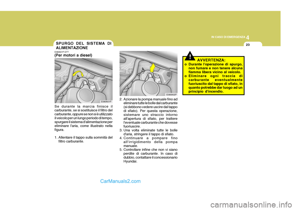 Hyundai H-1 (Grand Starex) 2007 Manuale del proprietario (in Italian) 4
CORROSION PREVENTION AND APPEARANCE CARE
23
4
IN CASO DI EMERGENZA
23
2. Azionare la pompa manuale fino ad
eliminare tutte le bolle dal carburante (si debbono vedere uscire dal tappodi sfiato). Per Hyundai H-1 (Grand Starex) 2007 Manuale del proprietario (in Italian) 4
CORROSION PREVENTION AND APPEARANCE CARE
23
4
IN CASO DI EMERGENZA
23
2. Azionare la pompa manuale fino ad
eliminare tutte le bolle dal carburante (si debbono vedere uscire dal tappodi sfiato). Per