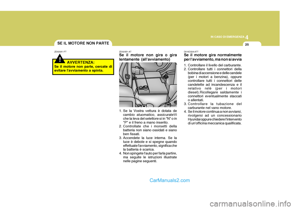 Hyundai H-1 (Grand Starex) 2007 Manuale del proprietario (in Italian) 4
CORROSION PREVENTION AND APPEARANCE CARE
25
4
IN CASO DI EMERGENZA
25
ZD020B1-AT Se il motore non gira o gira lentamente (allavviamento)
1. Se la Vostra vettura è dotata de cambio atuomatico, assi Hyundai H-1 (Grand Starex) 2007 Manuale del proprietario (in Italian) 4
CORROSION PREVENTION AND APPEARANCE CARE
25
4
IN CASO DI EMERGENZA
25
ZD020B1-AT Se il motore non gira o gira lentamente (allavviamento)
1. Se la Vostra vettura è dotata de cambio atuomatico, assi