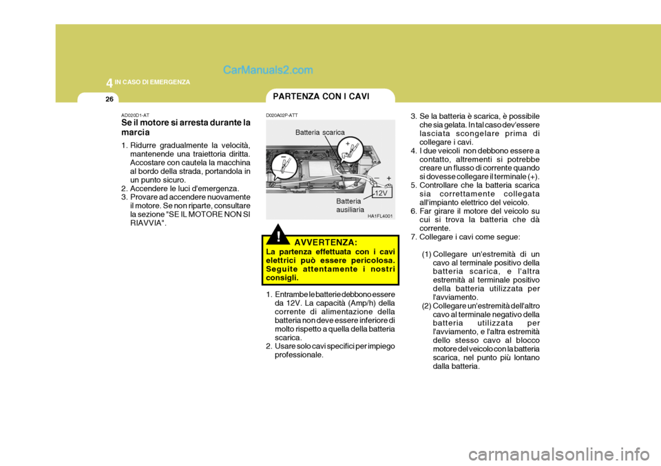 Hyundai H-1 (Grand Starex) 2007 Manuale del proprietario (in Italian) 44IN CASO DI EMERGENZA
26
3. Se la batteria è scarica, è possibileche sia gelata. In tal caso devessere lasciata scongelare prima di collegare i cavi.
4. I due veicoli non debbono essere a
contatt Hyundai H-1 (Grand Starex) 2007 Manuale del proprietario (in Italian) 44IN CASO DI EMERGENZA
26
3. Se la batteria è scarica, è possibileche sia gelata. In tal caso devessere lasciata scongelare prima di collegare i cavi.
4. I due veicoli non debbono essere a
contatt