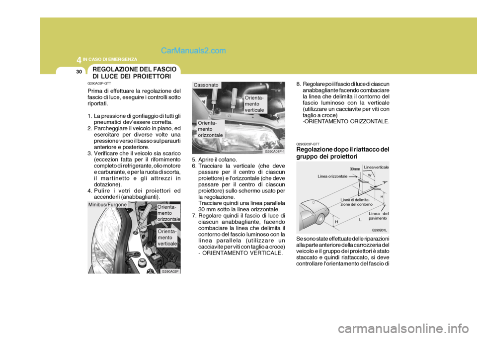 Hyundai H-1 (Grand Starex) 2007 Manuale del proprietario (in Italian) 44IN CASO DI EMERGENZA
30
G290B03P-GTT Regolazione dopo il riattacco del gruppo dei proiettori Se sono state effettuate delle riparazioni alla parte anteriore della carrozzeria del veicolo e il gruppo Hyundai H-1 (Grand Starex) 2007 Manuale del proprietario (in Italian) 44IN CASO DI EMERGENZA
30
G290B03P-GTT Regolazione dopo il riattacco del gruppo dei proiettori Se sono state effettuate delle riparazioni alla parte anteriore della carrozzeria del veicolo e il gruppo