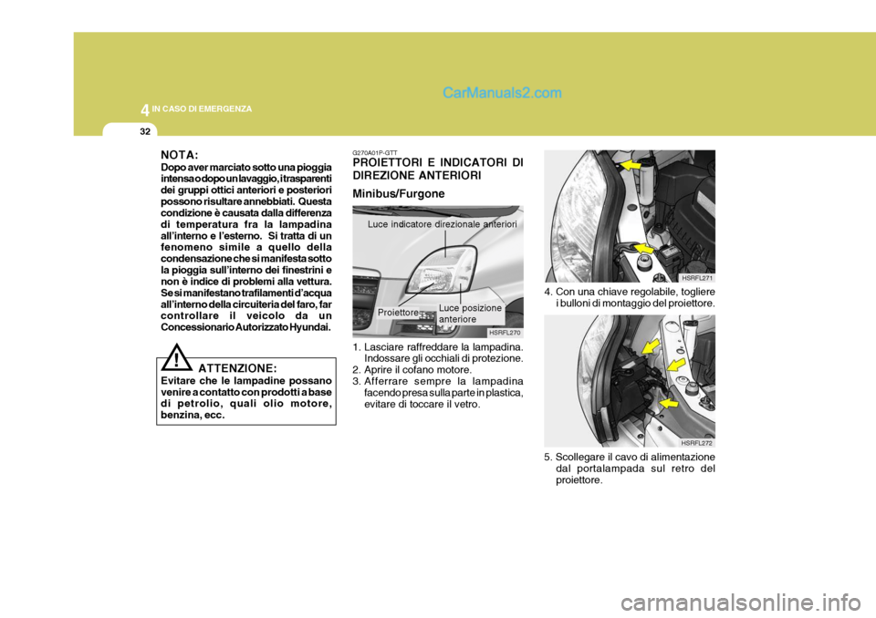 Hyundai H-1 (Grand Starex) 2007 Manuale del proprietario (in Italian) 44IN CASO DI EMERGENZA
32
!
4. Con una chiave regolabile, togliere
i bulloni di montaggio del proiettore.
HSRFL272
5. Scollegare il cavo di alimentazione dal portalampada sul retro del proiettore.
1. Hyundai H-1 (Grand Starex) 2007 Manuale del proprietario (in Italian) 44IN CASO DI EMERGENZA
32
!
4. Con una chiave regolabile, togliere
i bulloni di montaggio del proiettore.
HSRFL272
5. Scollegare il cavo di alimentazione dal portalampada sul retro del proiettore.
1.