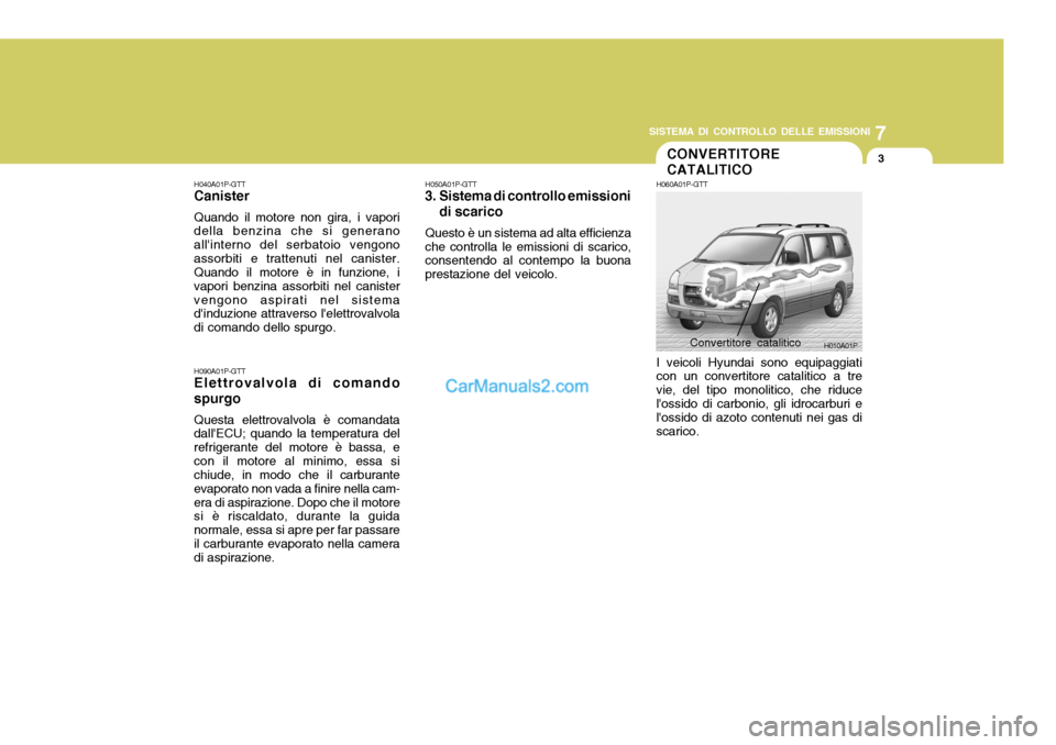 Hyundai H-1 (Grand Starex) 2007 Manuale del proprietario (in Italian) 7
SISTEMA DI CONTROLLO DELLE EMISSIONI
3CONVERTITORE CATALITICO
H040A01P-GTT Canister Quando il motore non gira, i vapori della benzina che si generano allinterno del serbatoio vengonoassorbiti e tra Hyundai H-1 (Grand Starex) 2007 Manuale del proprietario (in Italian) 7
SISTEMA DI CONTROLLO DELLE EMISSIONI
3CONVERTITORE CATALITICO
H040A01P-GTT Canister Quando il motore non gira, i vapori della benzina che si generano allinterno del serbatoio vengonoassorbiti e tra