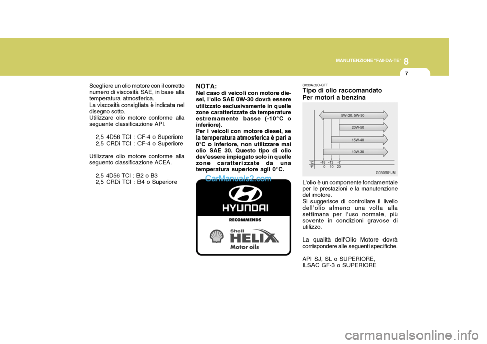 Hyundai H-1 (Grand Starex) 2007 Manuale del proprietario (in Italian) 8
MANUTENZIONE "FAI-DA-TE"
7
G030A02O-GTT Tipo di olio raccomandato Per motori a benzina Lolio è un componente fondamentale per le prestazioni e la manutenzione del motore. Si suggerisce di controll Hyundai H-1 (Grand Starex) 2007 Manuale del proprietario (in Italian) 8
MANUTENZIONE "FAI-DA-TE"
7
G030A02O-GTT Tipo di olio raccomandato Per motori a benzina Lolio è un componente fondamentale per le prestazioni e la manutenzione del motore. Si suggerisce di controll