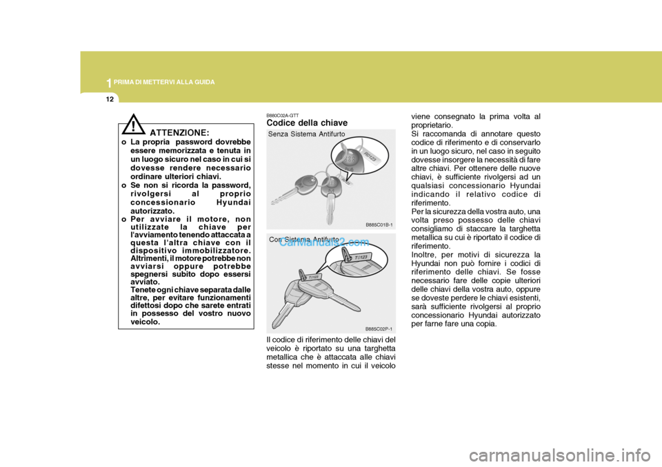 Hyundai H-1 (Grand Starex) 2007 Manuale del proprietario (in Italian) 1PRIMA DI METTERVI ALLA GUIDA
12
B880C02A-GTT Codice della chiave
Senza Sistema Antifurto
Con Sistema Antifurto
Il codice di riferimento delle chiavi del veicolo è riportato su una targhetta metallic Hyundai H-1 (Grand Starex) 2007 Manuale del proprietario (in Italian) 1PRIMA DI METTERVI ALLA GUIDA
12
B880C02A-GTT Codice della chiave
Senza Sistema Antifurto
Con Sistema Antifurto
Il codice di riferimento delle chiavi del veicolo è riportato su una targhetta metallic