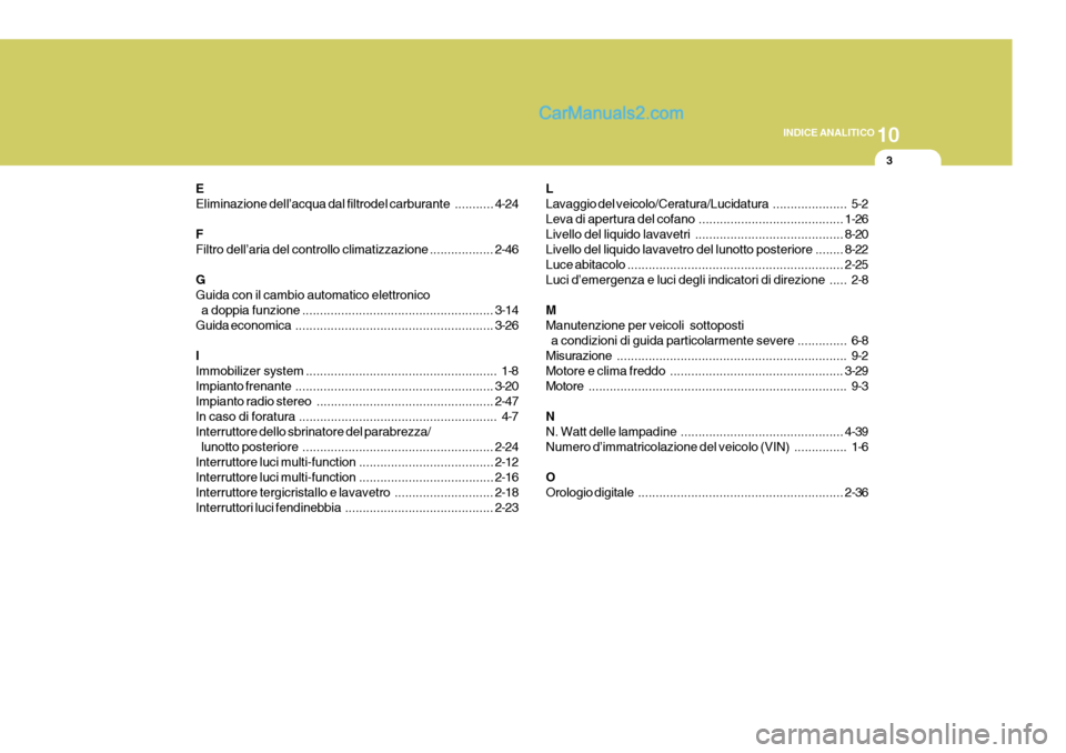 Hyundai H-1 (Grand Starex) 2007 Manuale del proprietario (in Italian) 10
INDICE ANALITICO
3
E
Eliminazione dell’acqua dal filtrodel carburante ...........4-24
FFiltro dell’aria del controllo climatizzazione..................2-46
GGuida con il cambio automatico ele Hyundai H-1 (Grand Starex) 2007 Manuale del proprietario (in Italian) 10
INDICE ANALITICO
3
E
Eliminazione dell’acqua dal filtrodel carburante ...........4-24
FFiltro dell’aria del controllo climatizzazione..................2-46
GGuida con il cambio automatico ele