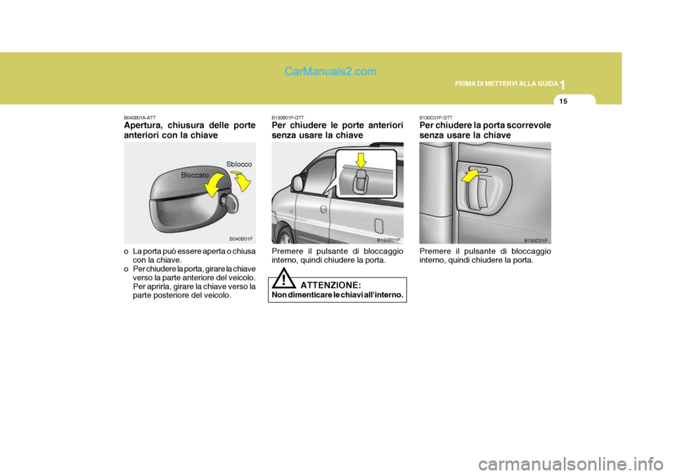 Hyundai H-1 (Grand Starex) 2007 Manuale del proprietario (in Italian) 1
PRIMA DI METTERVI ALLA GUIDA
15
!
B130C01P-GTT Per chiudere la porta scorrevole senza usare la chiave Premere il pulsante di bloccaggio interno, quindi chiudere la porta. B130C01PB040B01A-ATT Apertu Hyundai H-1 (Grand Starex) 2007 Manuale del proprietario (in Italian) 1
PRIMA DI METTERVI ALLA GUIDA
15
!
B130C01P-GTT Per chiudere la porta scorrevole senza usare la chiave Premere il pulsante di bloccaggio interno, quindi chiudere la porta. B130C01PB040B01A-ATT Apertu