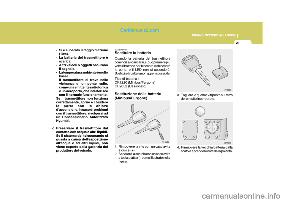 Hyundai H-1 (Grand Starex) 2007 Manuale del proprietario (in Italian) 1
PRIMA DI METTERVI ALLA GUIDA
21
- Si è superato il raggio dazione (10m).
- La batteria del trasmettitore è scarica.
- Altri veicoli o oggetti oscurano
il segnale.
- La temperatura ambiente è mol Hyundai H-1 (Grand Starex) 2007 Manuale del proprietario (in Italian) 1
PRIMA DI METTERVI ALLA GUIDA
21
- Si è superato il raggio dazione (10m).
- La batteria del trasmettitore è scarica.
- Altri veicoli o oggetti oscurano
il segnale.
- La temperatura ambiente è mol