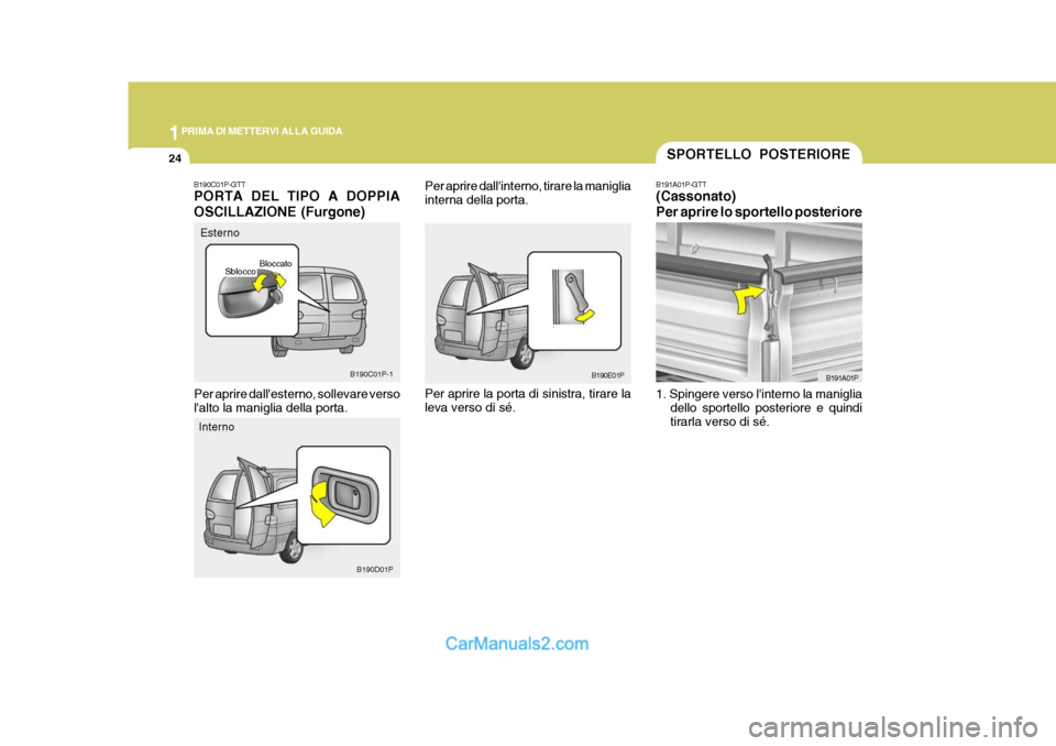 Hyundai H-1 (Grand Starex) 2007  Manuale del proprietario (in Italian) 1PRIMA DI METTERVI ALLA GUIDA
24
Per aprire dallinterno, tirare la maniglia interna della porta.
B190E01P
SPORTELLO POSTERIORE
B191A01P-GTT (Cassonato) Per aprire lo sportello posteriore 1. Spingere 