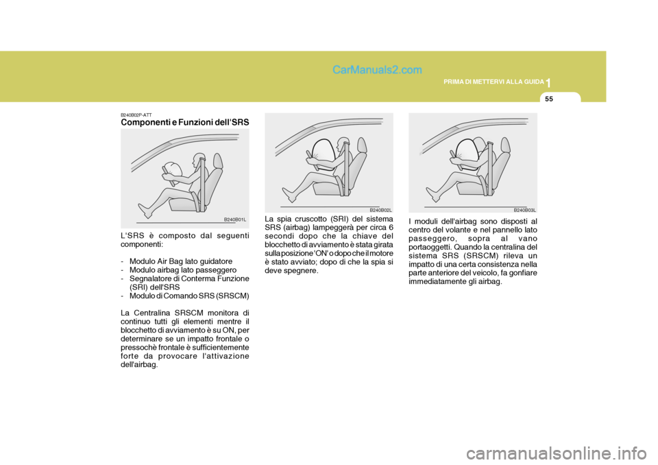 Hyundai H-1 (Grand Starex) 2007 Manuale del proprietario (in Italian) 1
PRIMA DI METTERVI ALLA GUIDA
55
B240B03L
I moduli dellairbag sono disposti al centro del volante e nel pannello lato passeggero, sopra al vano portaoggetti. Quando la centralina del sistema SRS (SR Hyundai H-1 (Grand Starex) 2007 Manuale del proprietario (in Italian) 1
PRIMA DI METTERVI ALLA GUIDA
55
B240B03L
I moduli dellairbag sono disposti al centro del volante e nel pannello lato passeggero, sopra al vano portaoggetti. Quando la centralina del sistema SRS (SR