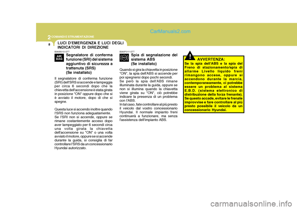 Hyundai H-1 (Grand Starex) 2007 Manuale del proprietario (in Italian) 2COMANDI E STRUMENTAZIONE
8
!
LUCI DEMERGENZA E LUCI DEGLI INDICATORI DI DIREZIONE
B260B01S-GTT
Segnalatore di confermafunzione (SRI) del sistemaaggiuntivo di sicurezza atrattenuta (SRS)(Se installat Hyundai H-1 (Grand Starex) 2007 Manuale del proprietario (in Italian) 2COMANDI E STRUMENTAZIONE
8
!
LUCI DEMERGENZA E LUCI DEGLI INDICATORI DI DIREZIONE
B260B01S-GTT
Segnalatore di confermafunzione (SRI) del sistemaaggiuntivo di sicurezza atrattenuta (SRS)(Se installat