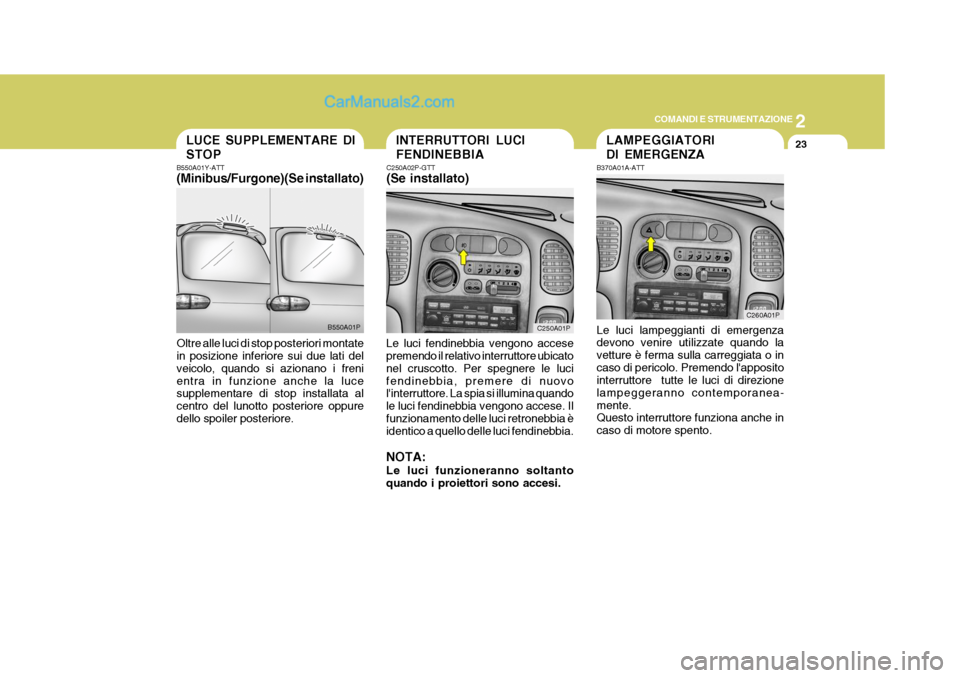 Hyundai H-1 (Grand Starex) 2007  Manuale del proprietario (in Italian) 2
COMANDI E STRUMENTAZIONE
23LUCE SUPPLEMENTARE DI STOP
B550A01Y-ATT (Minibus/Furgone)(Se installato) Oltre alle luci di stop posteriori montate in posizione inferiore sui due lati del veicolo, quando