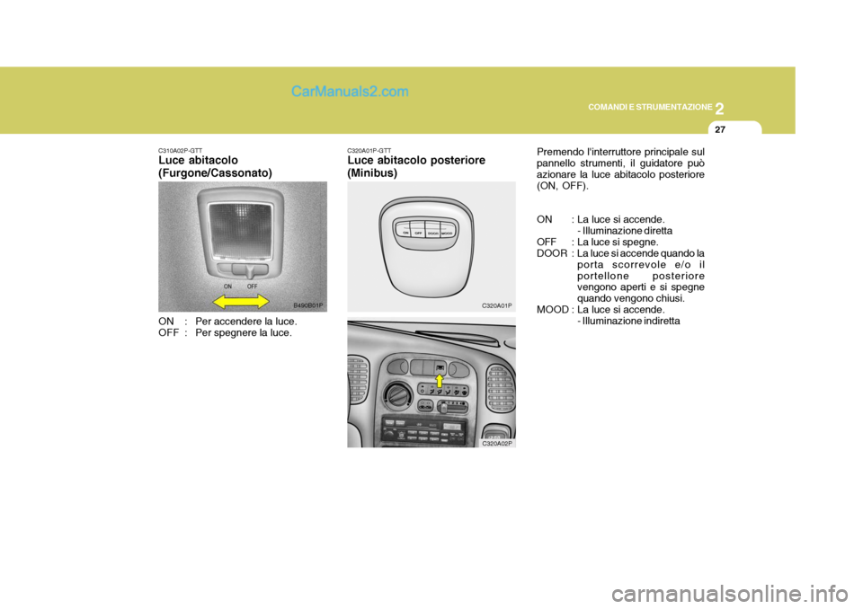 Hyundai H-1 (Grand Starex) 2007  Manuale del proprietario (in Italian) 2
COMANDI E STRUMENTAZIONE
27
C320A01P-GTT Luce abitacolo posteriore (Minibus)
C320A01P
C320A02P
C310A02P-GTT Luce abitacolo (Furgone/Cassonato)
ON : Per accendere la luce. 
OFF : Per spegnere la luce