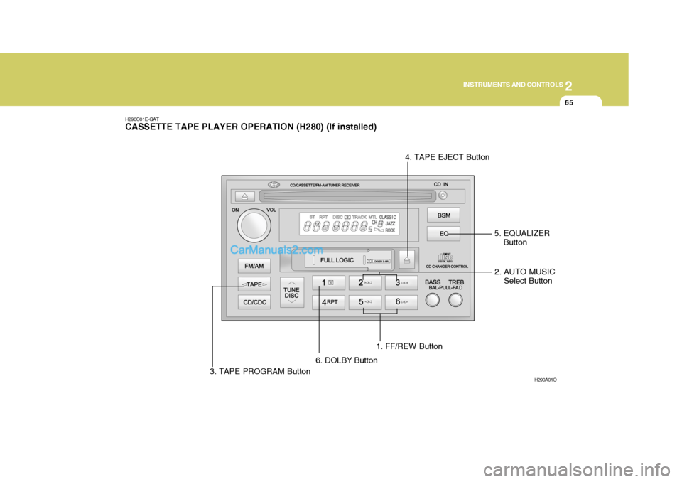 Hyundai H-1 (Grand Starex) 2006 Owners Manual 2
INSTRUMENTS AND CONTROLS
65
H290C01E-GAT CASSETTE TAPE PLAYER OPERATION (H280) (If installed)
1. FF/REW ButtonH290A01O
2. AUTO MUSICSelect Button
3. TAPE PROGRAM Button 4. TAPE EJECT Button
5. EQUAL Hyundai H-1 (Grand Starex) 2006 Owners Manual 2
INSTRUMENTS AND CONTROLS
65
H290C01E-GAT CASSETTE TAPE PLAYER OPERATION (H280) (If installed)
1. FF/REW ButtonH290A01O
2. AUTO MUSICSelect Button
3. TAPE PROGRAM Button 4. TAPE EJECT Button
5. EQUAL