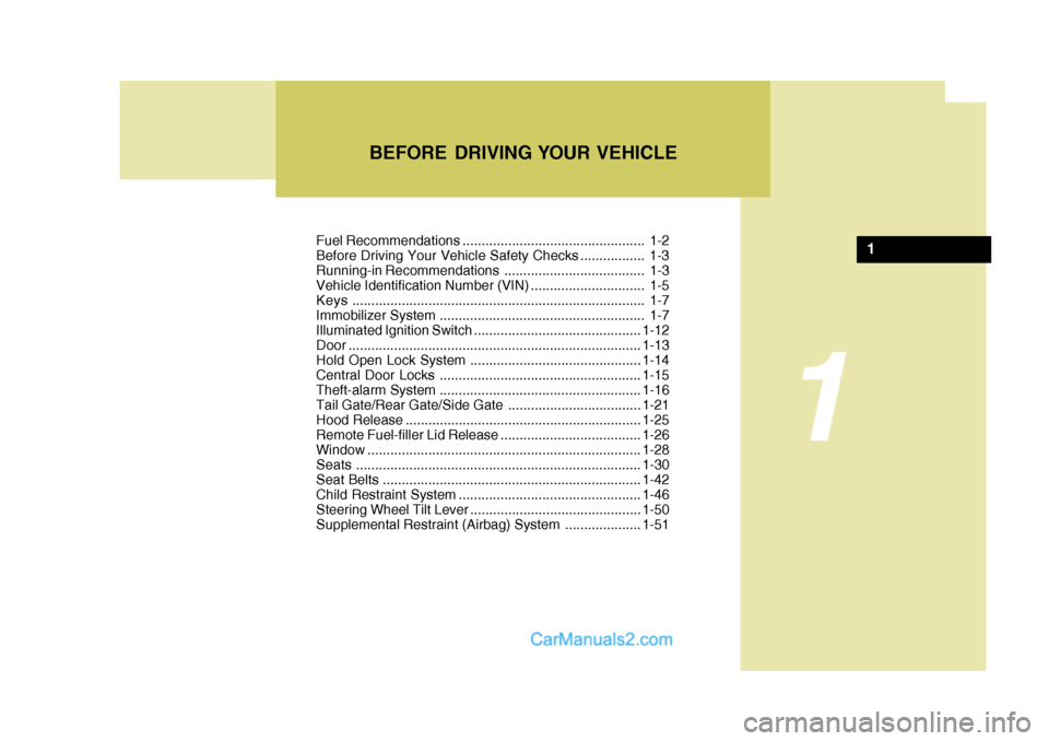 Hyundai H-1 (Grand Starex) 2006 User Guide Fuel Recommendations ................................................ 1-2
Before Driving Your Vehicle Safety Checks ................. 1-3
Running-in Recommendations .................................. Hyundai H-1 (Grand Starex) 2006 User Guide Fuel Recommendations ................................................ 1-2
Before Driving Your Vehicle Safety Checks ................. 1-3
Running-in Recommendations ..................................