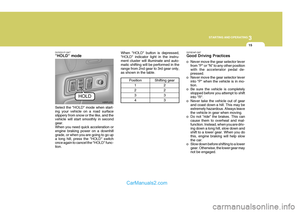 Hyundai H-1 (Grand Starex) 2006 Owners Manual 3
STARTING AND OPERATING
15
D070E04P-GAT Good Driving Practices
o Never move the gear selector lever
from "P" or "N" to any other position with the accelerator pedal de- pressed.
o Never move the gea Hyundai H-1 (Grand Starex) 2006 Owners Manual 3
STARTING AND OPERATING
15
D070E04P-GAT Good Driving Practices
o Never move the gear selector lever
from "P" or "N" to any other position with the accelerator pedal de- pressed.
o Never move the gea