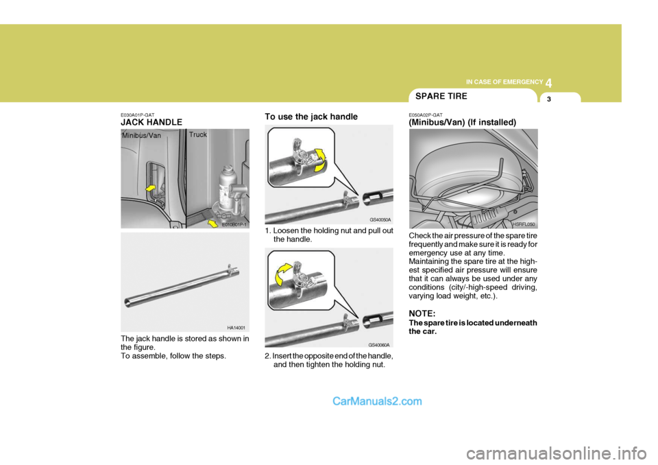 Hyundai H-1 (Grand Starex) 2006  Owners Manual 4
CORROSION PREVENTION AND APPEARANCE CARE
3
4
IN CASE OF EMERGENCY
3
E030A01P-GAT JACK HANDLE
1. Loosen the holding nut and pull outthe handle.
The jack handle is stored as shown in the figure. To as