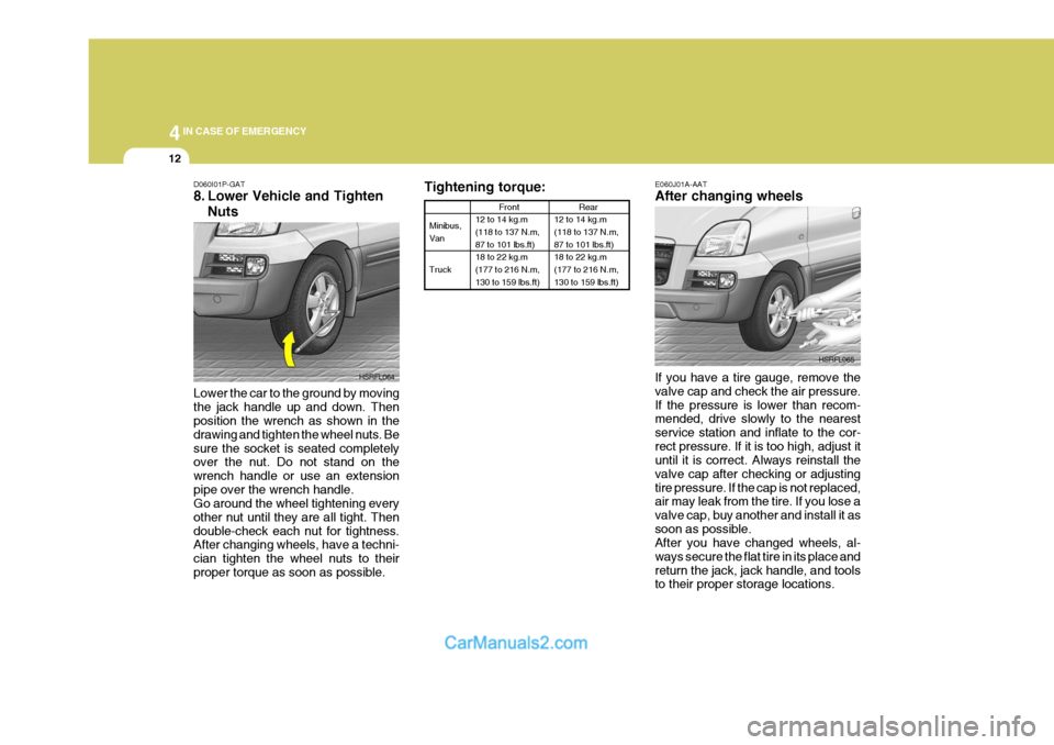 Hyundai H-1 (Grand Starex) 2006  Owners Manual 44IN CASE OF EMERGENCY
12
Tightening torque:
Minibus, Van Truck Front
12 to 14 kg.m (118 to 137 N.m, 87 to 101 lbs.ft) 18 to 22 kg.m(177 to 216 N.m, 130 to 159 lbs.ft)
Rear
12 to 14 kg.m (118 to 137 N