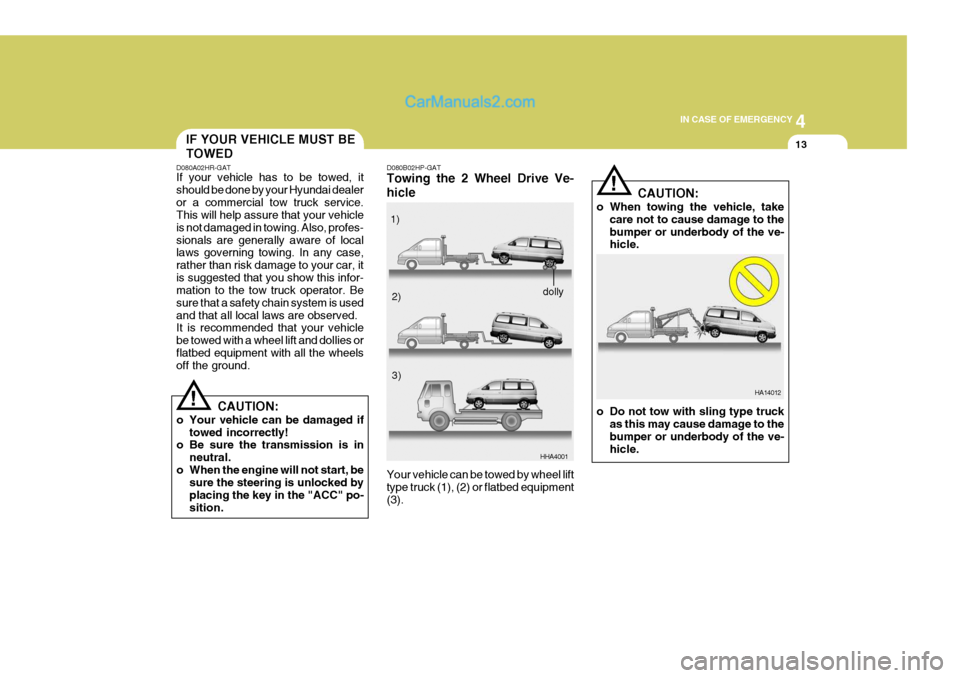 Hyundai H-1 (Grand Starex) 2006  Owners Manual 4
CORROSION PREVENTION AND APPEARANCE CARE
13
4
IN CASE OF EMERGENCY
13IF YOUR VEHICLE MUST BE TOWED
D080A02HR-GAT If your vehicle has to be towed, it should be done by your Hyundai dealeror a commerc