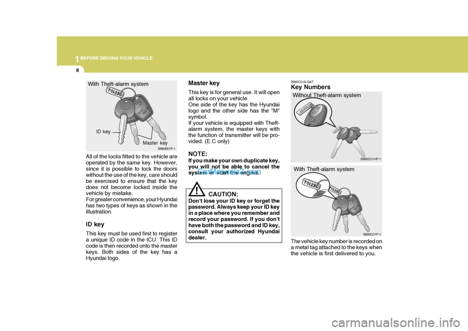 Hyundai H-1 (Grand Starex) 2006 Owners Guide 1BEFORE DRIVING YOUR VEHICLE
8
All of the locks fitted to the vehicle are operated by the same key. However,since it is possible to lock the doors without the use of the key, care should be exercised Hyundai H-1 (Grand Starex) 2006 Owners Guide 1BEFORE DRIVING YOUR VEHICLE
8
All of the locks fitted to the vehicle are operated by the same key. However,since it is possible to lock the doors without the use of the key, care should be exercised