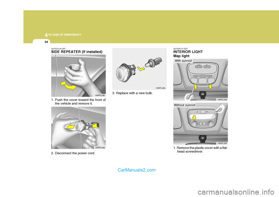 Hyundai H-1 (Grand Starex) 2006  Owners Manual 44IN CASE OF EMERGENCY
34
HSRFL283
G270C01A-GAT SIDE REPEATER (If installed) 
1. Push the cover toward the front of
the vehicle and remove it. HSRFL292
3. Replace with a new bulb. HSRFL284
2. Disconne