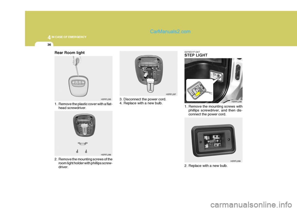 Hyundai H-1 (Grand Starex) 2006  Owners Manual 44IN CASE OF EMERGENCY
36
HSRFL285
Rear Room light 
1. Remove the plastic cover with a flat-
head screwdriver.
HSRFL286
2. Remove the mounting screws of the room light holder with phillips screw- driv