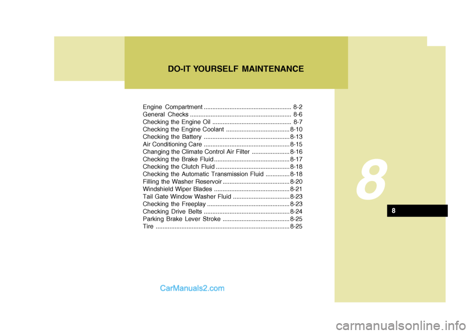 Hyundai H-1 (Grand Starex) 2006 Owners Guide Engine Compartment ................................................... 8-2 
General Checks ........................................................... 8-6
Checking the Engine Oil .....................