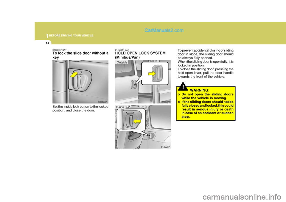 Hyundai H-1 (Grand Starex) 2006  Owners Manual 1BEFORE DRIVING YOUR VEHICLE
14
Outside
!
B130C01P-GAT To lock the slide door without a key Set the inside lock button to the locked position, and close the door. B130C01PB140A01P-GAT HOLD OPEN LOCK S