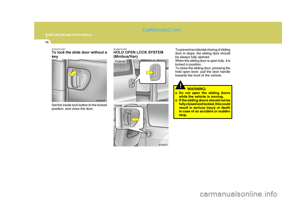 Hyundai H-1 (Grand Starex) 2006 Owners Guide 1BEFORE DRIVING YOUR VEHICLE
14
Outside
!
B130C01P-GAT To lock the slide door without a key Set the inside lock button to the locked position, and close the door. B130C01PB140A01P-GAT HOLD OPEN LOCK S Hyundai H-1 (Grand Starex) 2006 Owners Guide 1BEFORE DRIVING YOUR VEHICLE
14
Outside
!
B130C01P-GAT To lock the slide door without a key Set the inside lock button to the locked position, and close the door. B130C01PB140A01P-GAT HOLD OPEN LOCK S