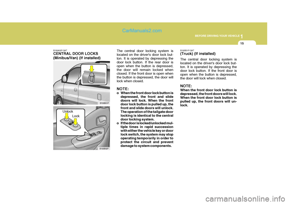 Hyundai H-1 (Grand Starex) 2006 Owners Guide 1
BEFORE DRIVING YOUR VEHICLE
15
B150B01P-GAT (Truck) (If installed) The central door locking system is located on the drivers door lock but-ton. It is operated by depressing the door lock button. If Hyundai H-1 (Grand Starex) 2006 Owners Guide 1
BEFORE DRIVING YOUR VEHICLE
15
B150B01P-GAT (Truck) (If installed) The central door locking system is located on the drivers door lock but-ton. It is operated by depressing the door lock button. If