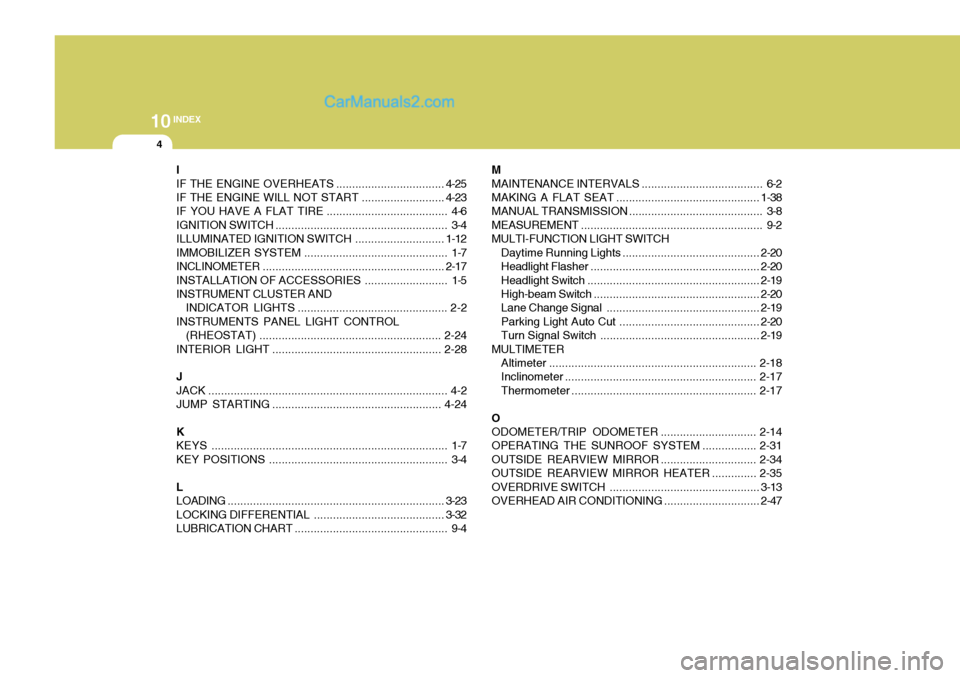 Hyundai H-1 (Grand Starex) 2006 Owners Manual 10INDEX
4
I IF THE ENGINE OVERHEATS .................................. 4-25
IF THE ENGINE WILL NOT START ..........................4-23
IF YOU HAVE A FLAT TIRE ..................................... Hyundai H-1 (Grand Starex) 2006 Owners Manual 10INDEX
4
I IF THE ENGINE OVERHEATS .................................. 4-25
IF THE ENGINE WILL NOT START ..........................4-23
IF YOU HAVE A FLAT TIRE .....................................