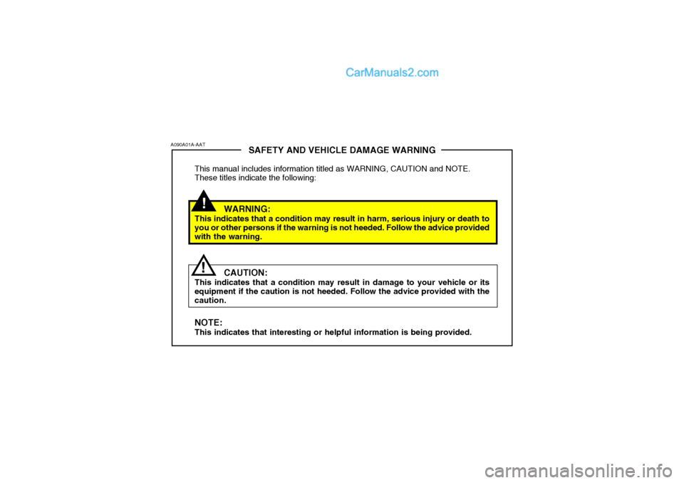 Hyundai H-1 (Grand Starex) 2006  Owners Manual !
SAFETY AND VEHICLE DAMAGE WARNING
This manual includes information titled as WARNING, CAUTION and NOTE. These titles indicate the following:
WARNING:
This indicates that a condition may result in ha