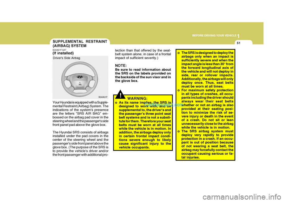 Hyundai H-1 (Grand Starex) 2006 Repair Manual 1
BEFORE DRIVING YOUR VEHICLE
51SUPPLEMENTAL RESTRAINT (AIRBAG) SYSTEM
B240A01F-GAT (If installed) Your Hyundai is equipped with a Supple- mental Restraint (Airbag) System. Theindications of the syste Hyundai H-1 (Grand Starex) 2006 Repair Manual 1
BEFORE DRIVING YOUR VEHICLE
51SUPPLEMENTAL RESTRAINT (AIRBAG) SYSTEM
B240A01F-GAT (If installed) Your Hyundai is equipped with a Supple- mental Restraint (Airbag) System. Theindications of the syste