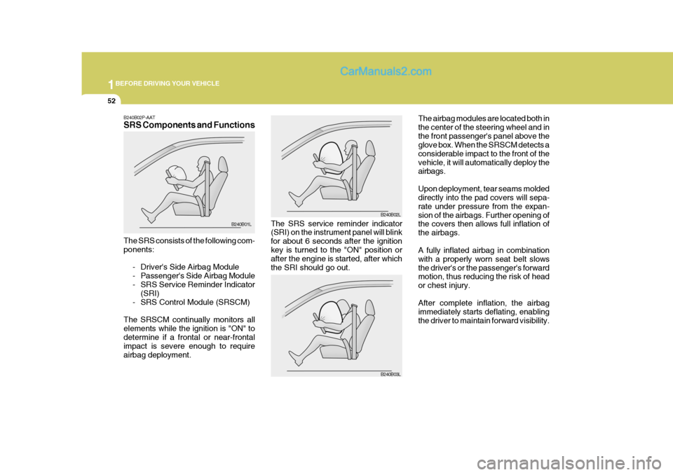 Hyundai H-1 (Grand Starex) 2006 Repair Manual 1BEFORE DRIVING YOUR VEHICLE
52
The airbag modules are located both in the center of the steering wheel and inthe front passengers panel above the glove box. When the SRSCM detects a considerable imp Hyundai H-1 (Grand Starex) 2006 Repair Manual 1BEFORE DRIVING YOUR VEHICLE
52
The airbag modules are located both in the center of the steering wheel and inthe front passengers panel above the glove box. When the SRSCM detects a considerable imp